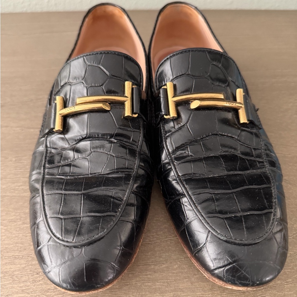 Tod’s Croc Embossed Black Loafers with Gold Detail